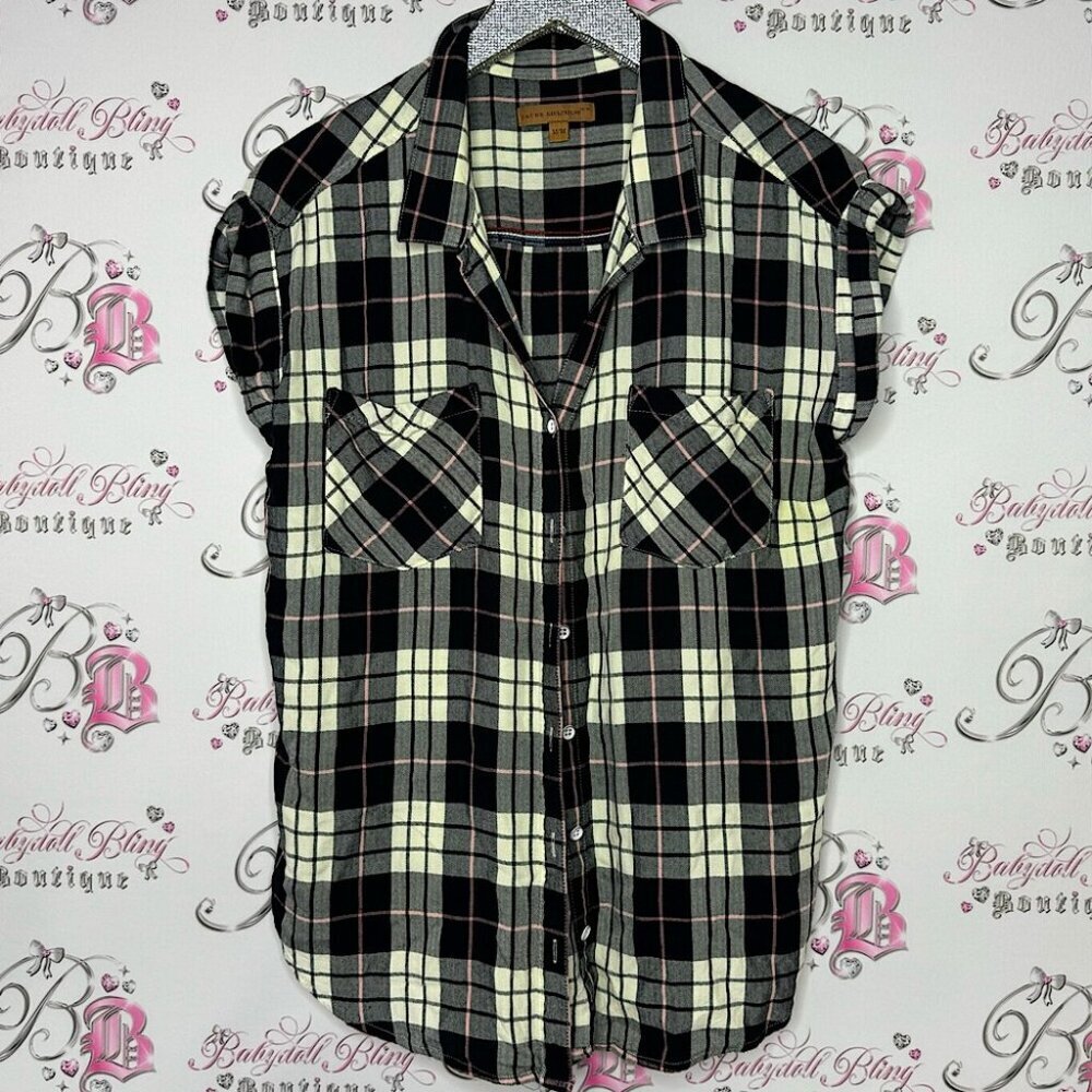 Jachs girlfriend plaid pink white cream black button up soft tank style shirt